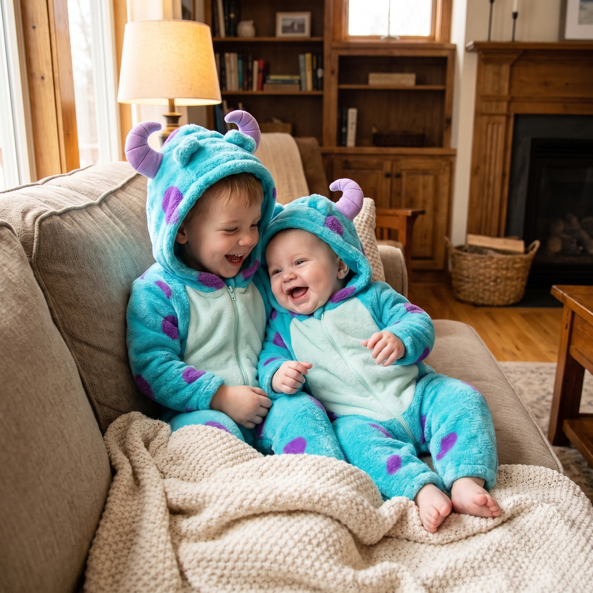 Siblings wearing matching monster onesies
