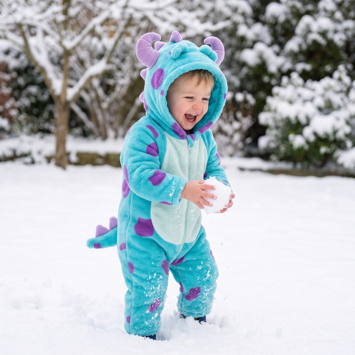 Toddler playing in the snow in the monster onesie