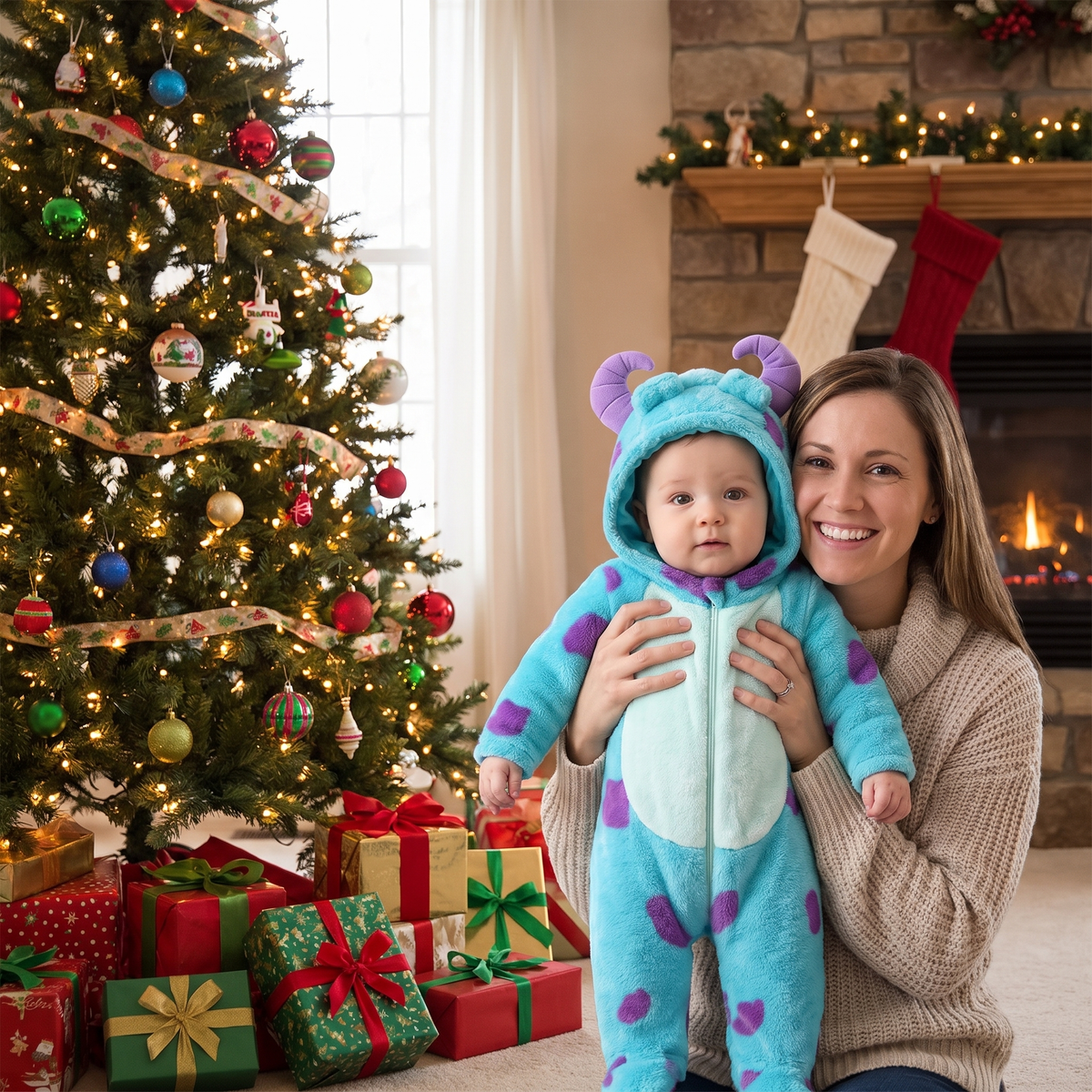 Baby in the monster onesie by the Christmas tree
