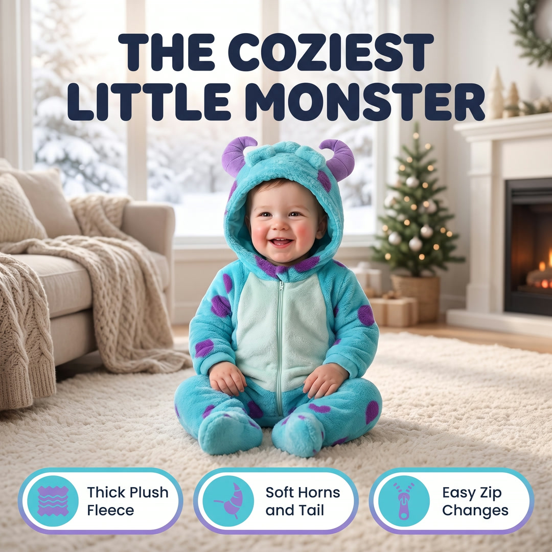 Toddler wearing the cozy plush monster onesie