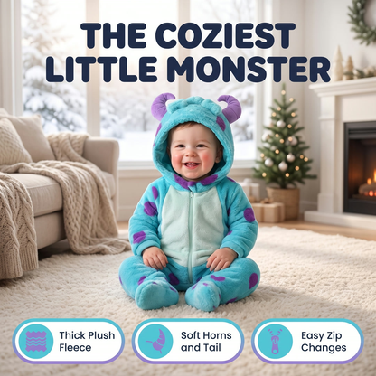 Toddler wearing the cozy plush monster onesie