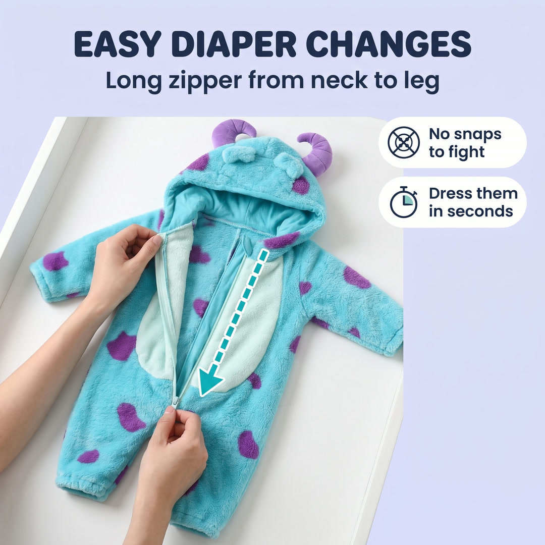 Long zipper for easy diaper changes
