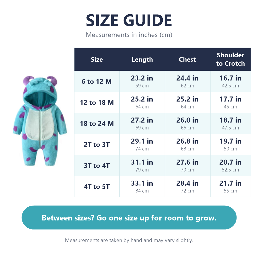 FUZZLINGS onesie size guide in inches and cm